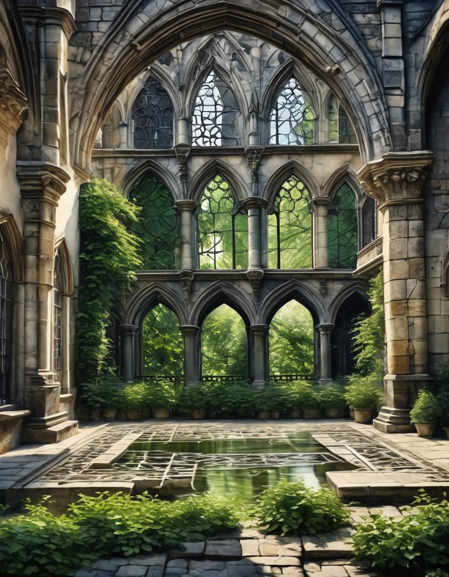 sunny courtyard through the window of a gothic castle