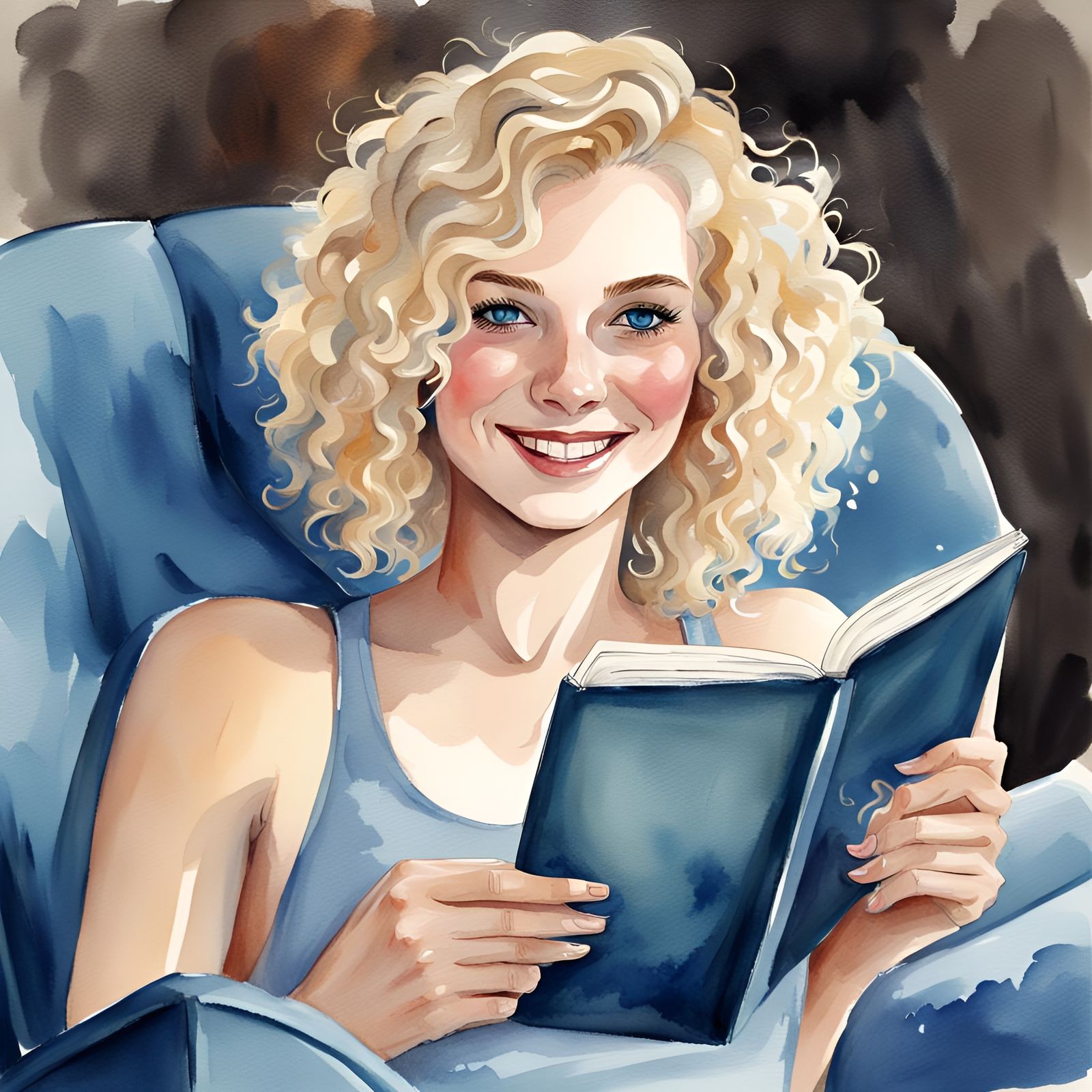 Watercolor Portrait: Blonde Girl Reading and Smiling