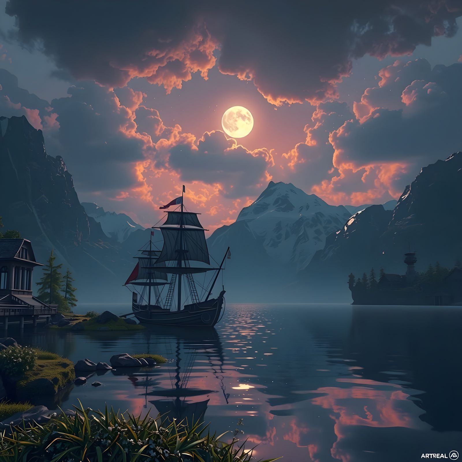 Ethereal Vessel Amidst Sunset Peaks