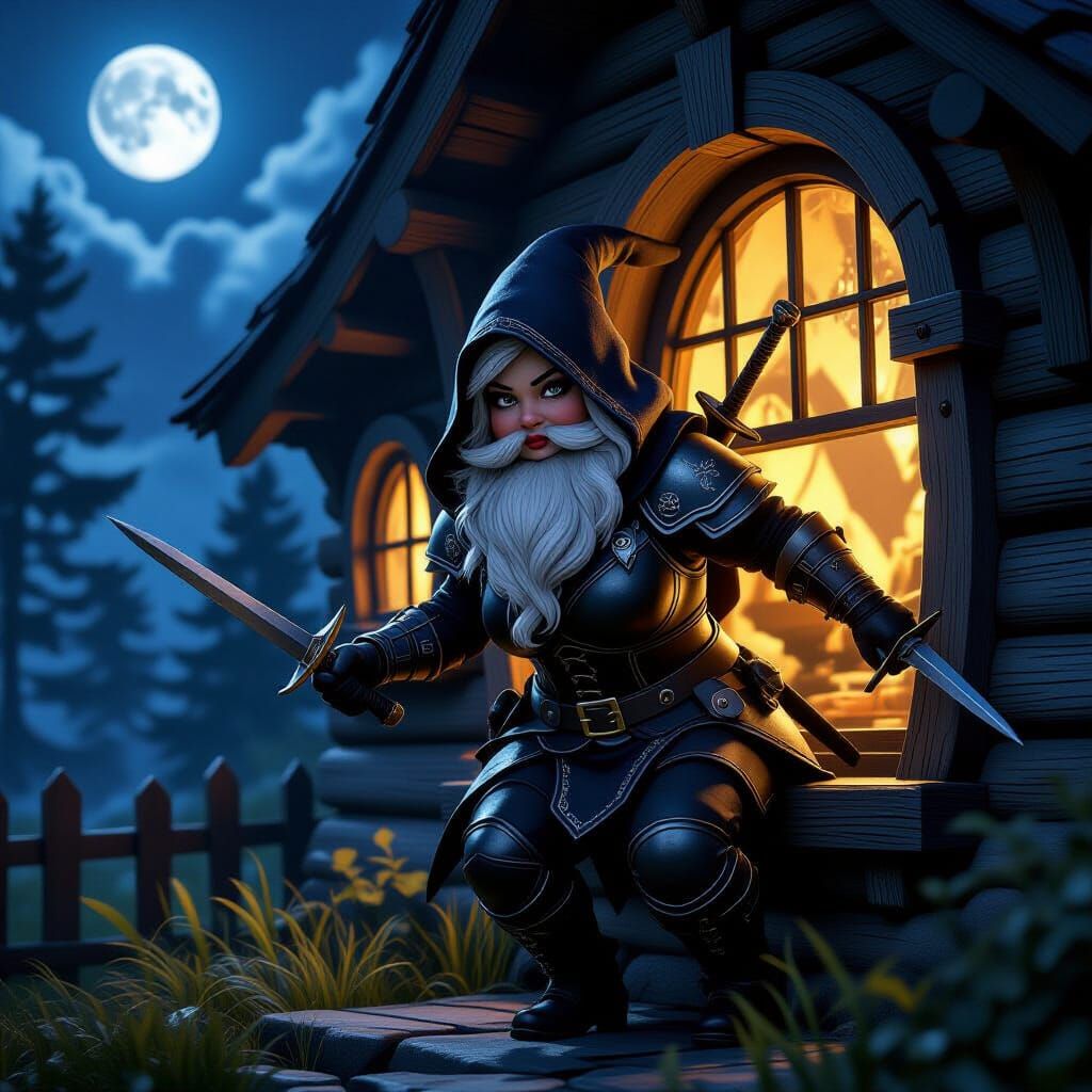 Gnome Rogue's Midnight Escape in Dark Fantasy Style