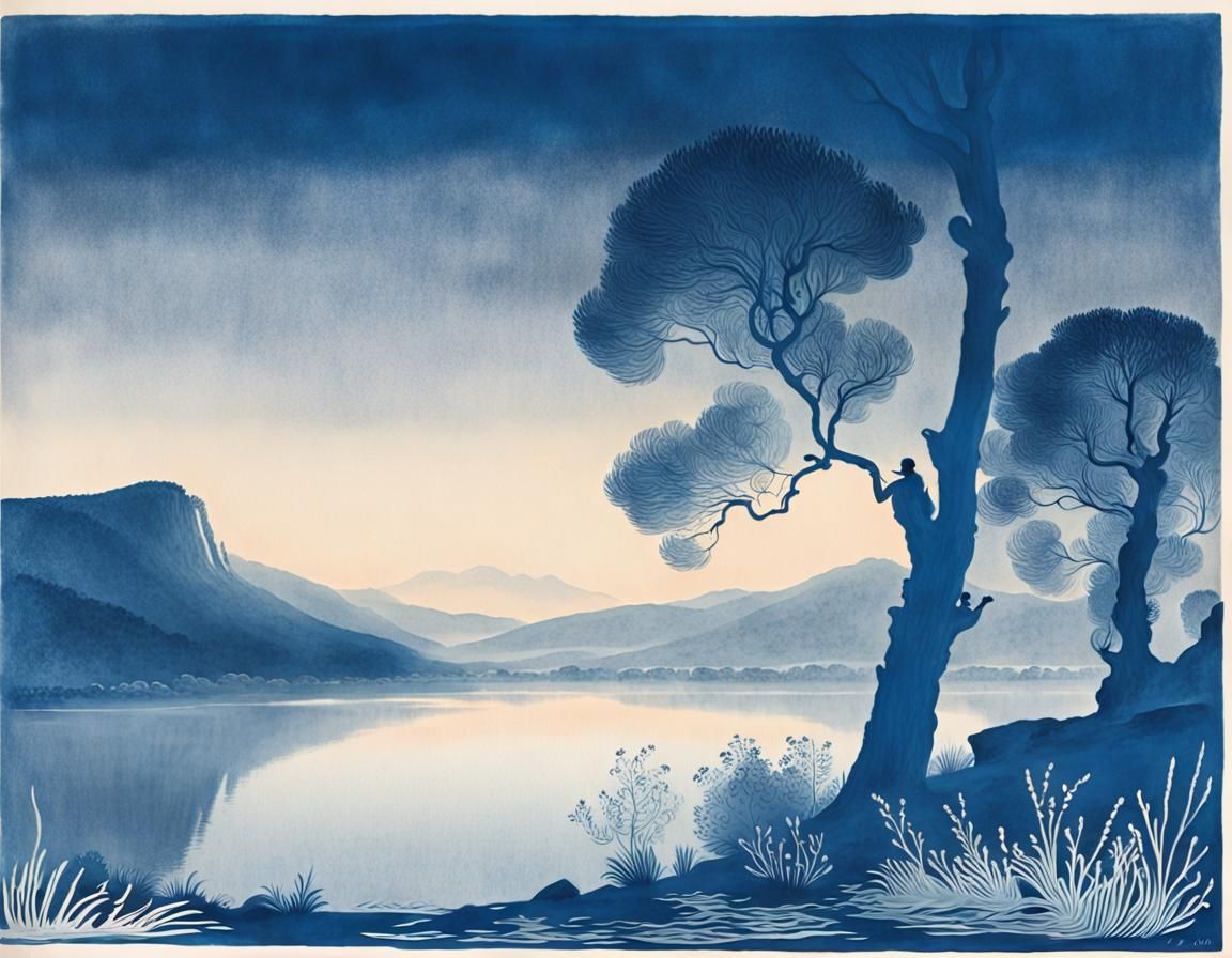 Ethereal Cyanotype Landscape at Sunset