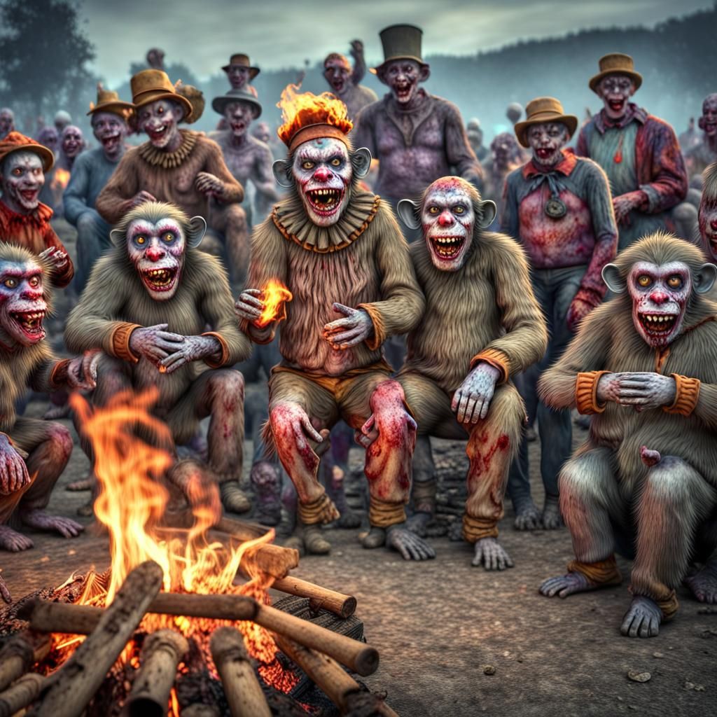 Zombie Monkey Clown Gathering Around Bonfire