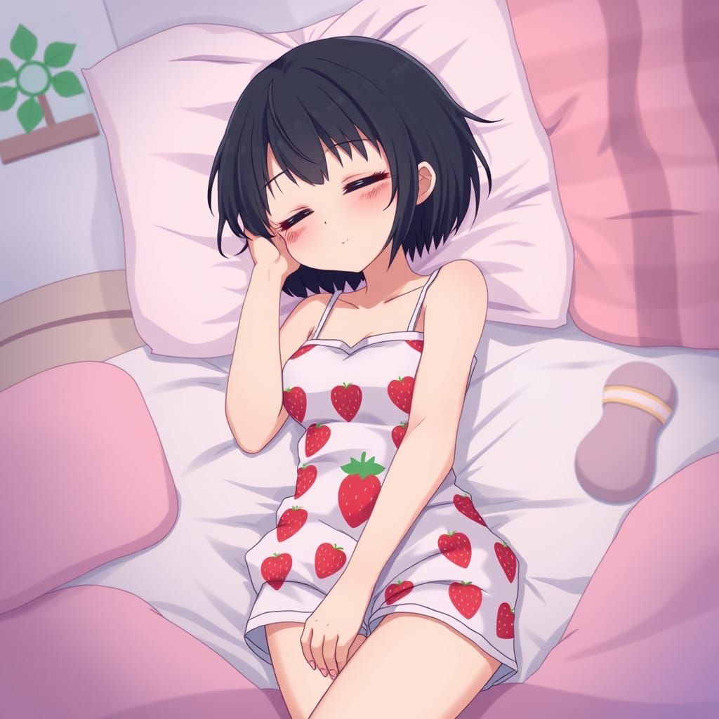 Anime Girl Sleeping in Strawberry Bedroom