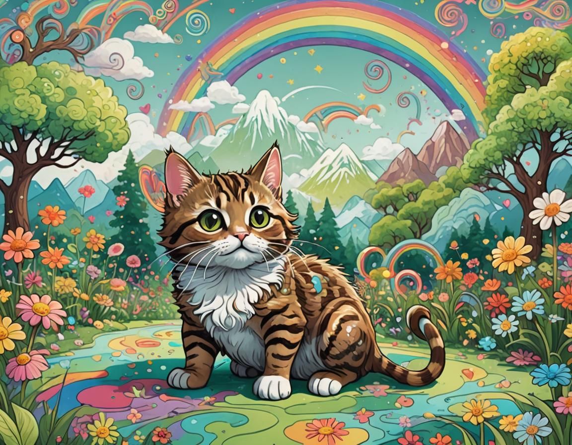 Tabby Cat's Rainbow Garden Adventure: Psychedelic Splash Art