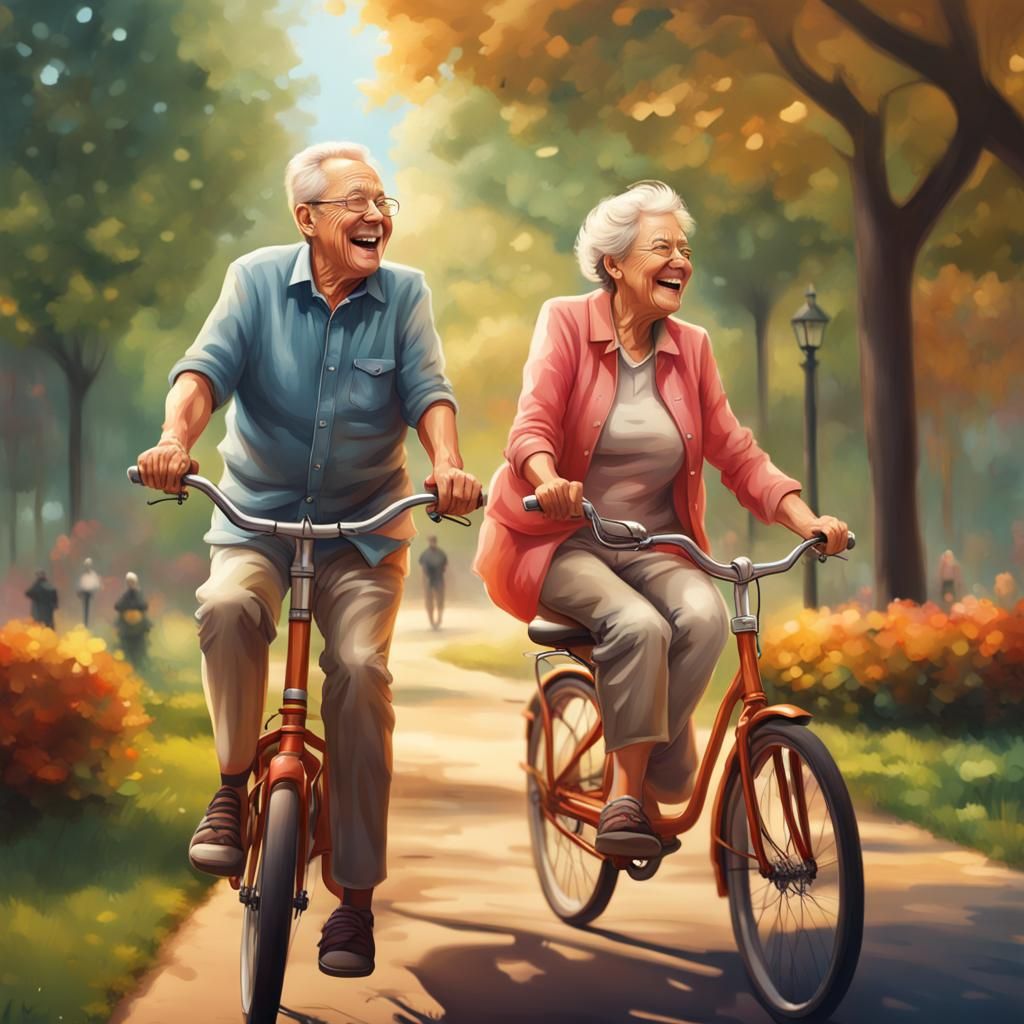 Happy Elderly Couple Cycling in Park: Hyperrealistic Art