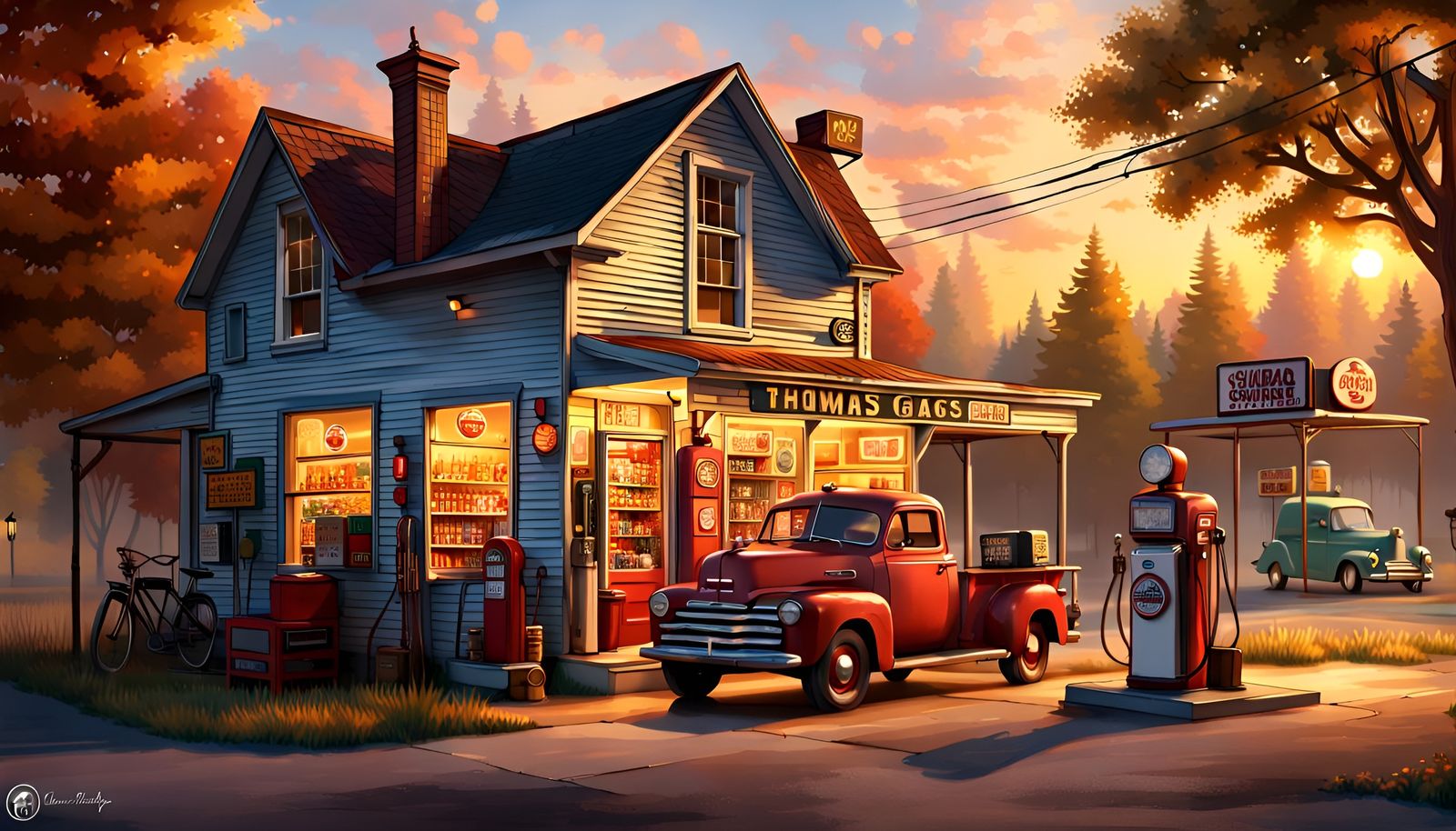 Nostalgic Country Store with Retro Gas Pumps