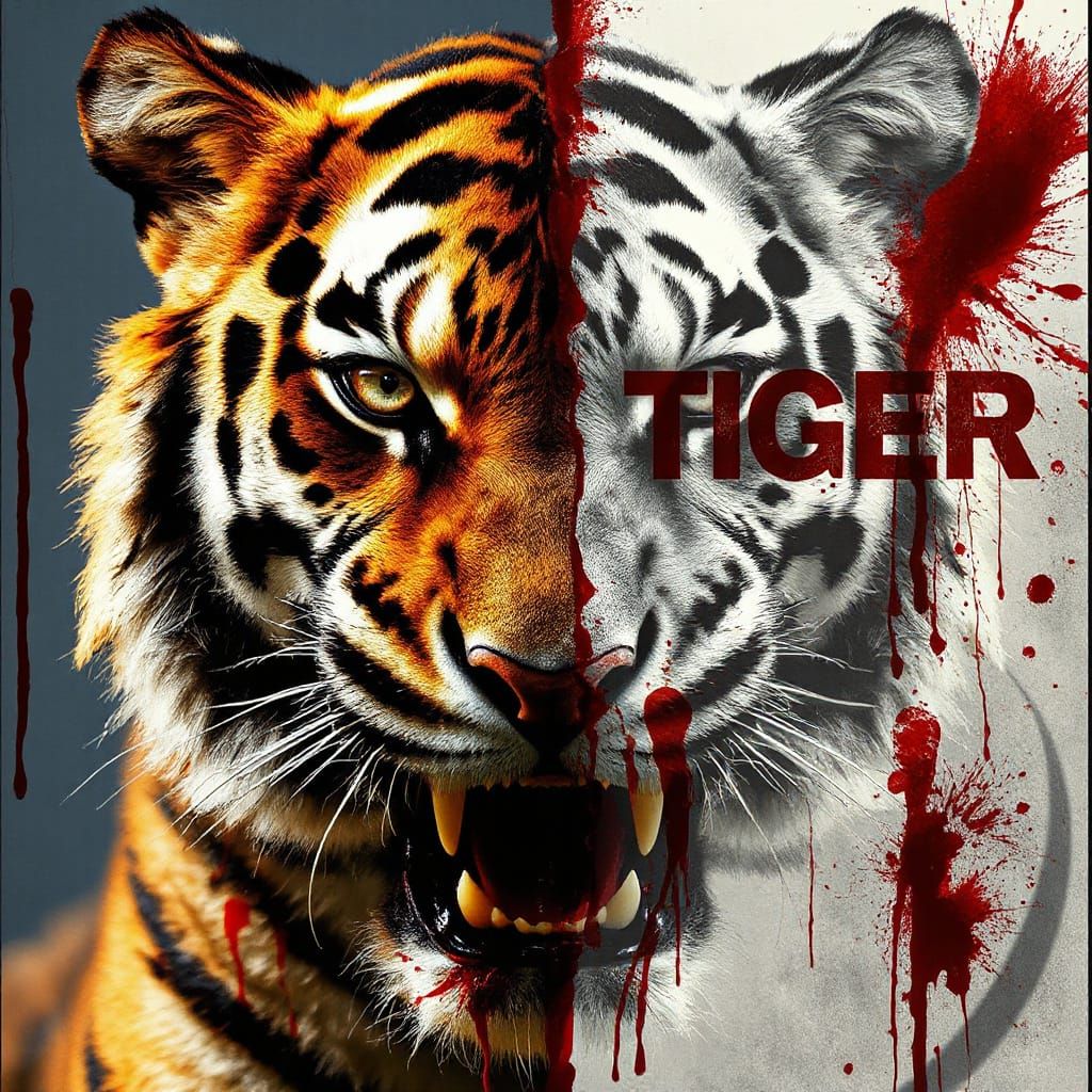 Surreal Tiger's Face in Duality, Blending Fiery Orange and G...