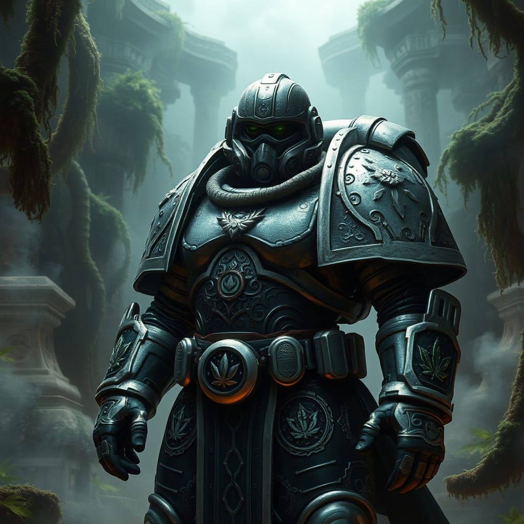 Heroic Space Marine in Ornate Armor Amidst Mystical Realm