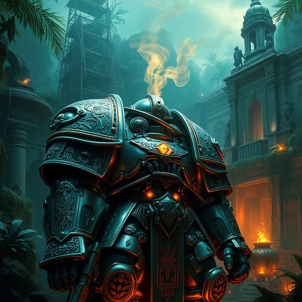 Smoking Space Marine in Ornate Armor, Digital Matte Painting