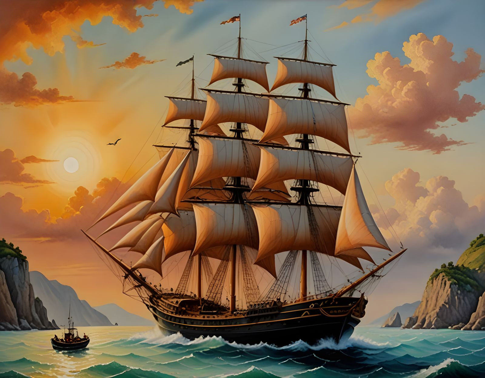 A tallship sailing past the island