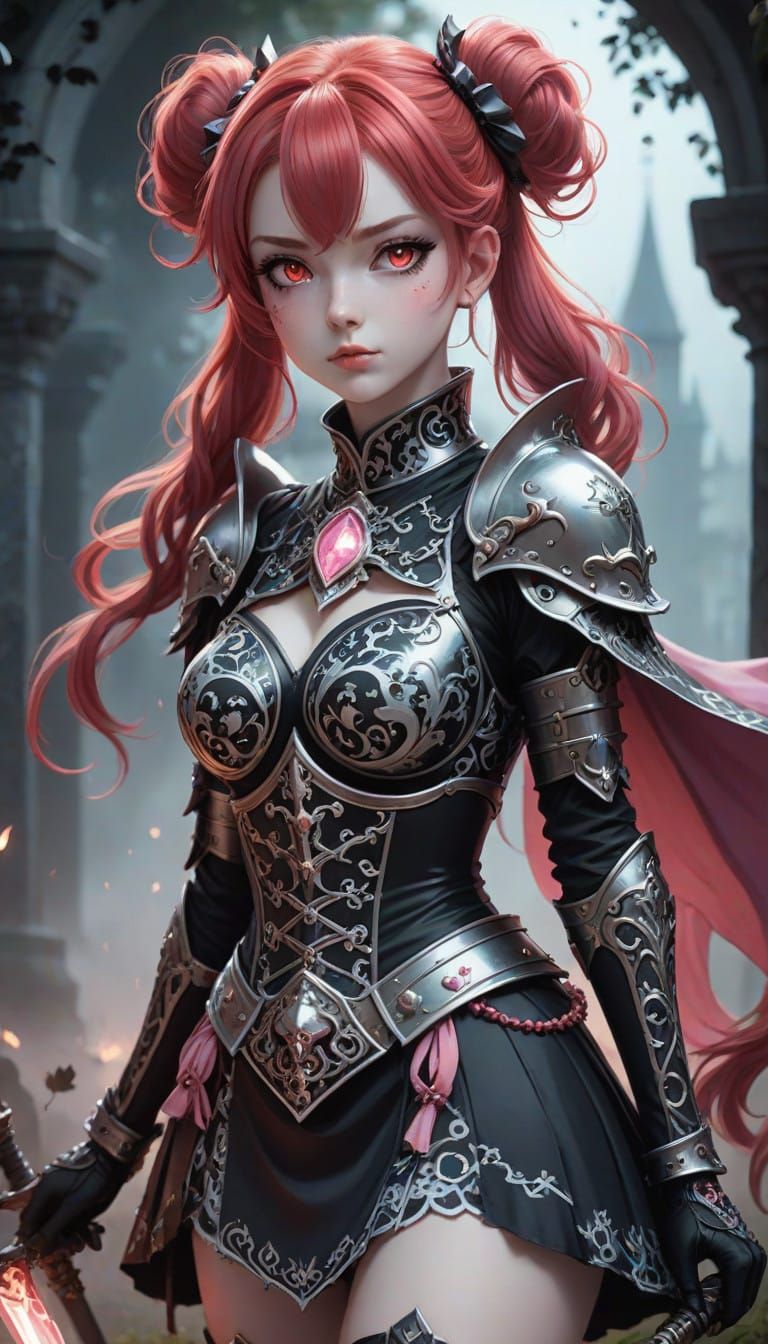 Gothic Anime Knight Girl with Twin Tails