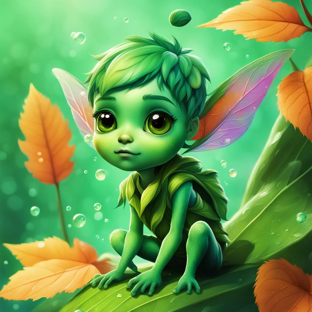 Green Pixie on Leaf: Hyperrealistic Digital Art