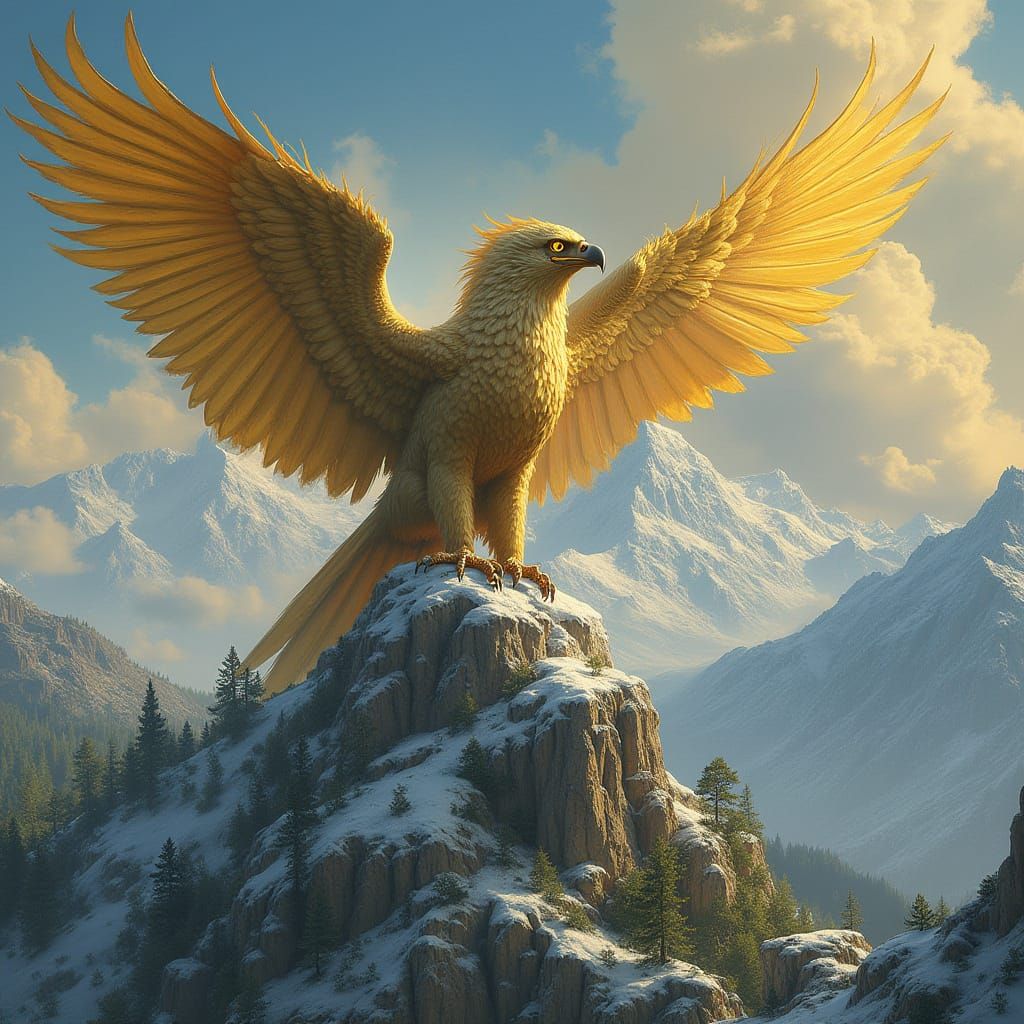 Golden Griffin on Snowy Peak, Hyperrealistic Illustration