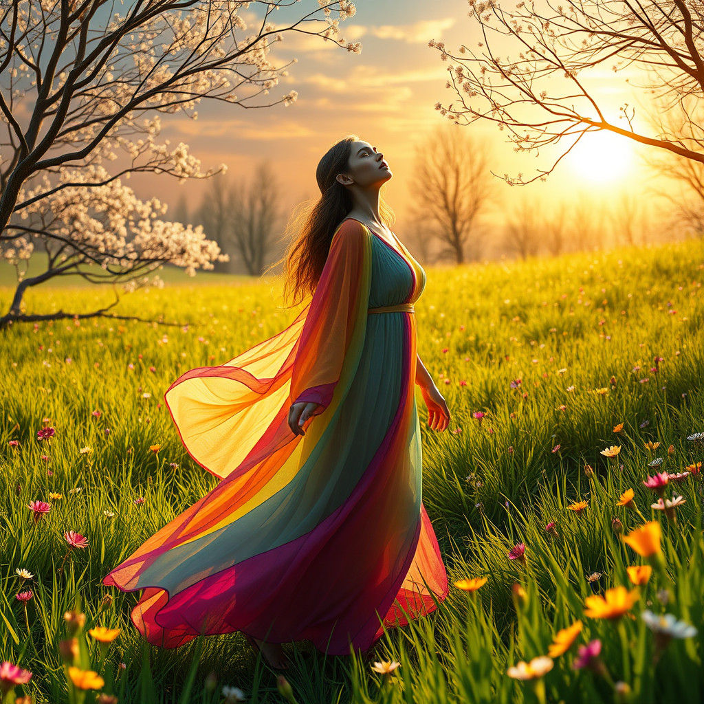 Ethereal Woman in Rainbow Robes in Dreamlike Meadow