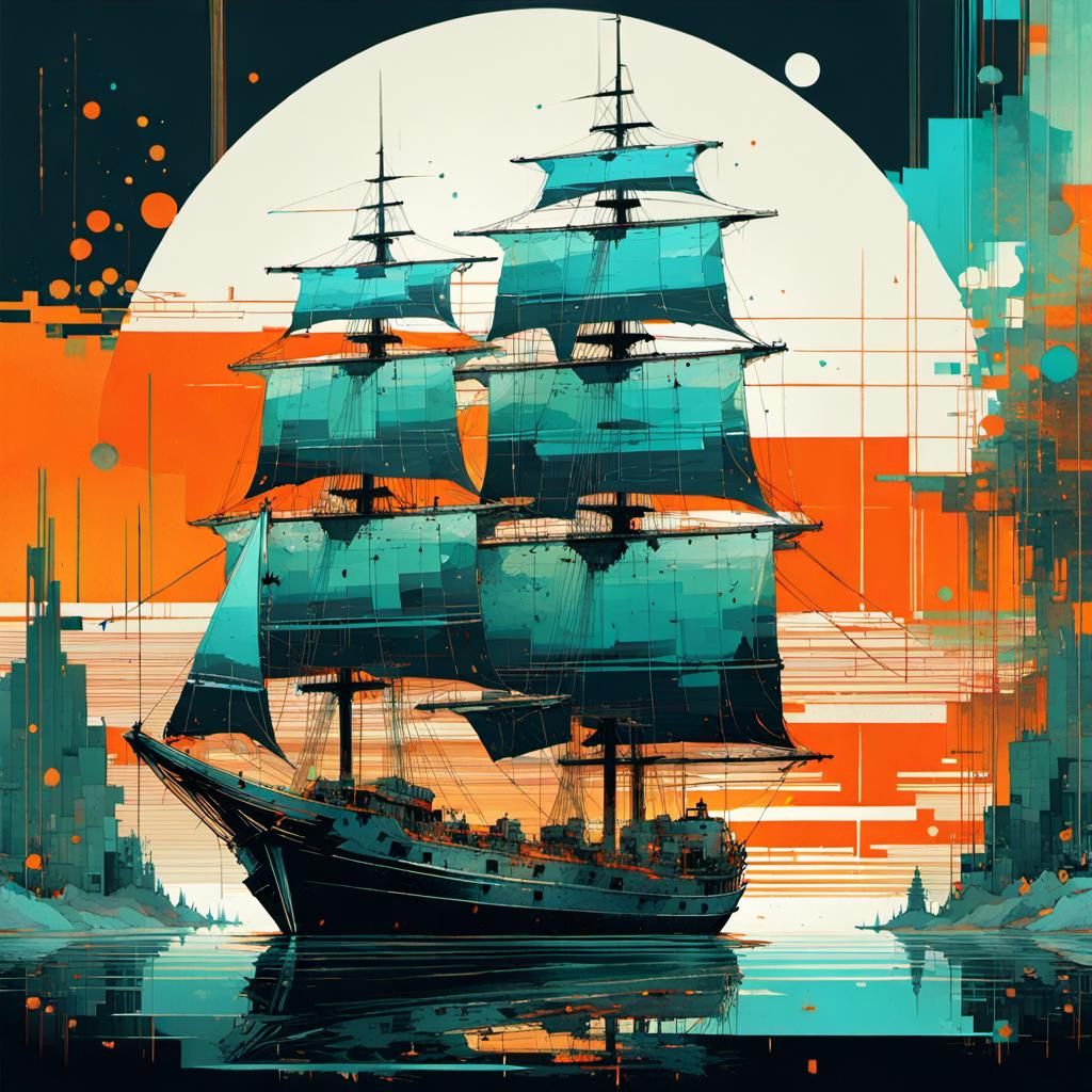 Glitch Art Sailing Ship in Matrix Style