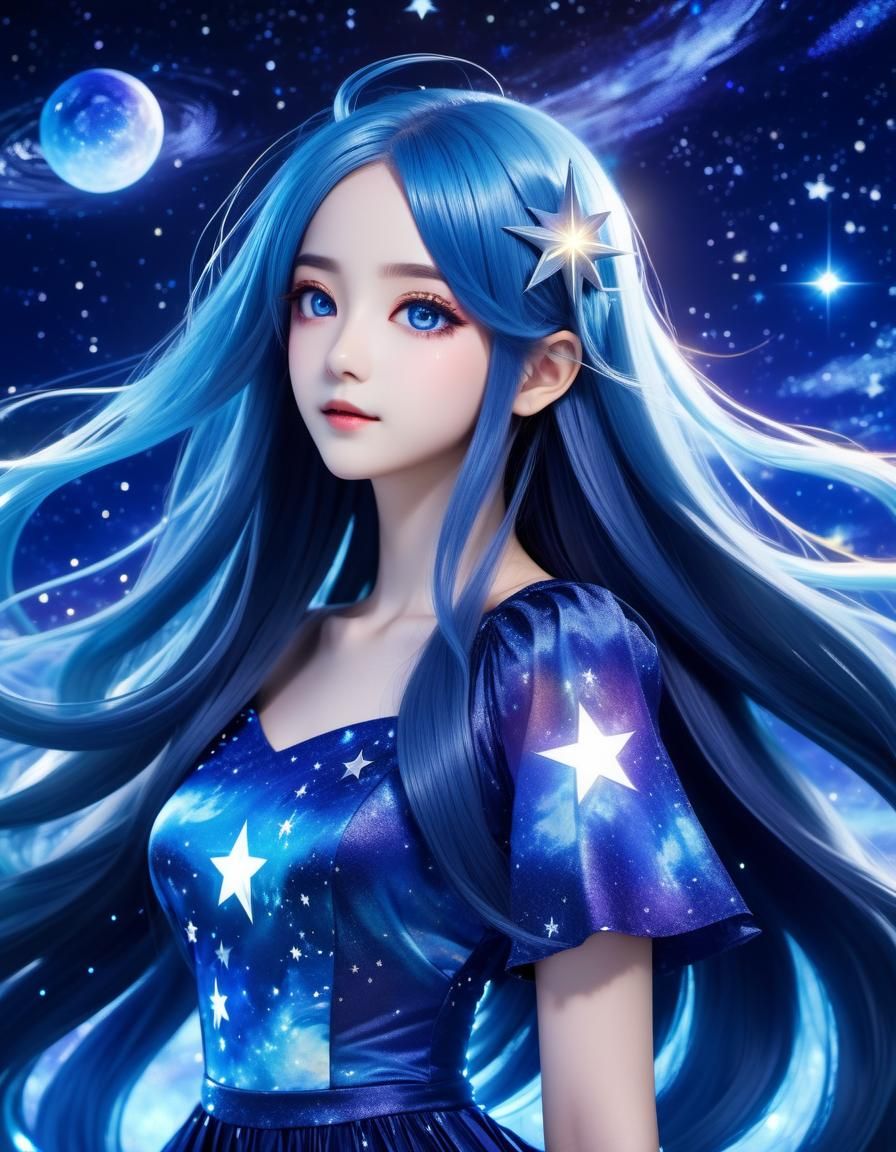 Celestial Anime Woman with Starry Dress in 4K