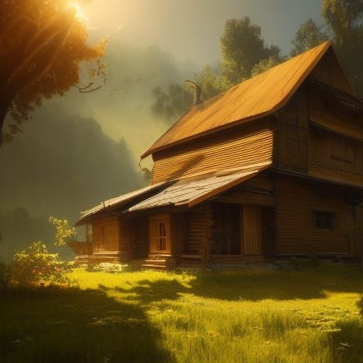 Wooden House in Valley with Sun Rays, Art Nouveau Style