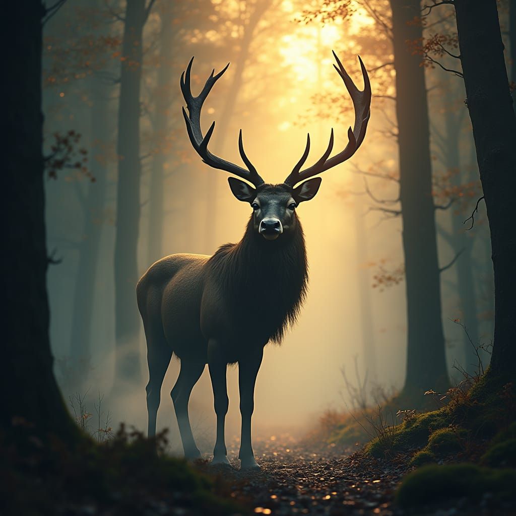 Medieval Forest Stag in Golden Dawn Light