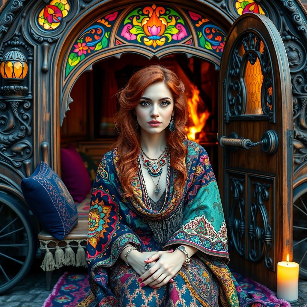 Gypsy Enchantress in Lavish Caravan Setting