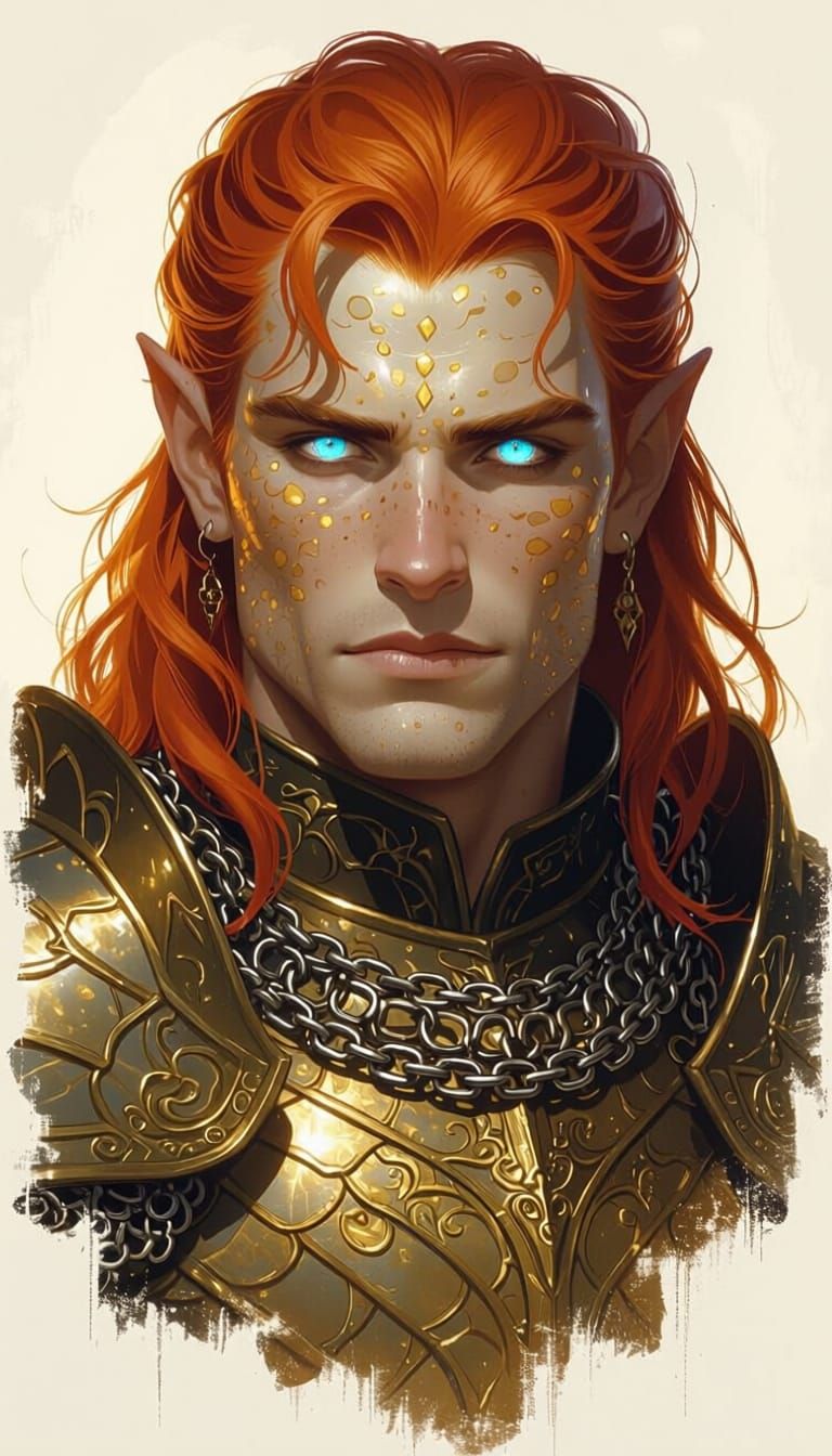 Male Arsimar Character with Red Hair and Golden Scales