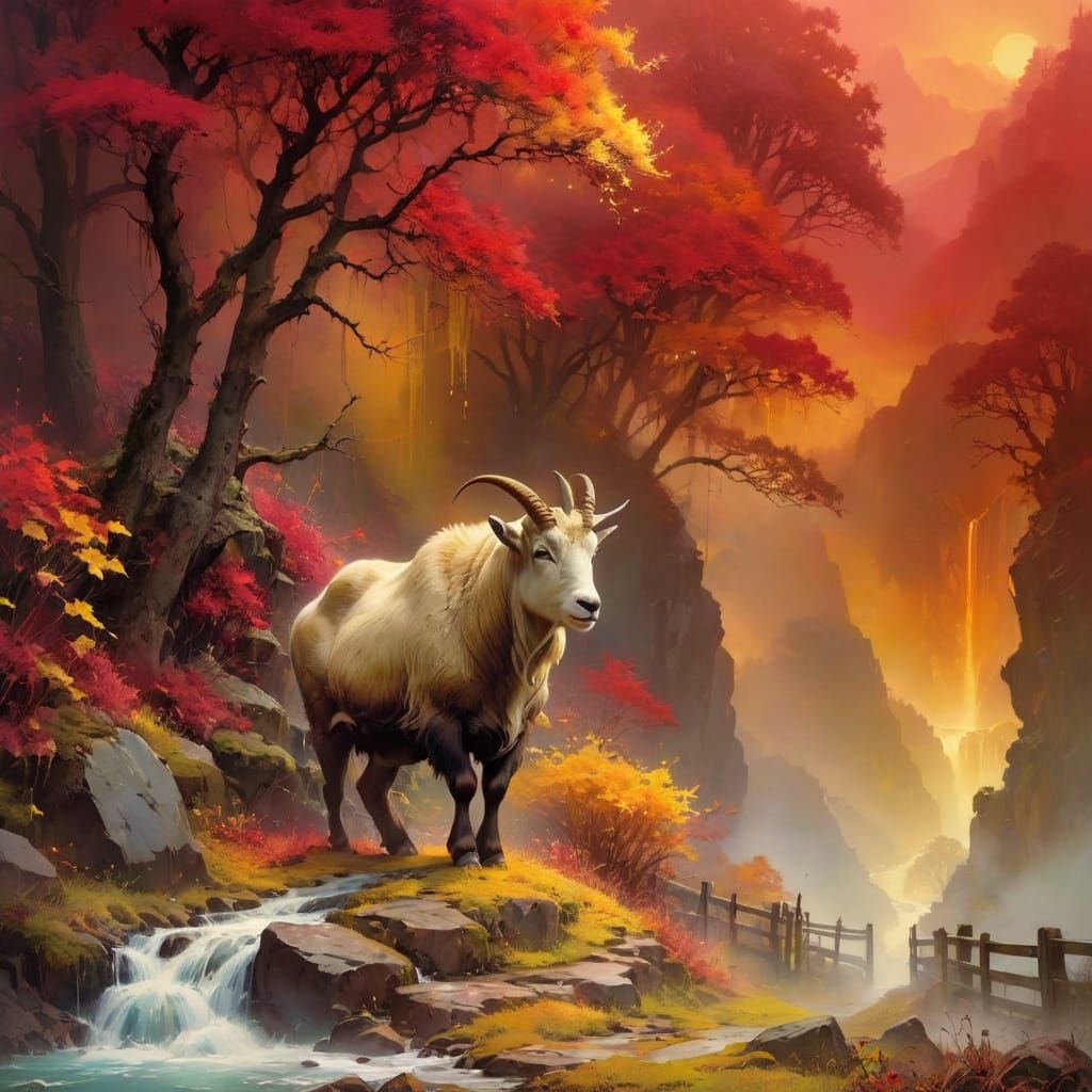 Autumn Masterpiece: Mountain Goat Family in Whimsical Landsc...