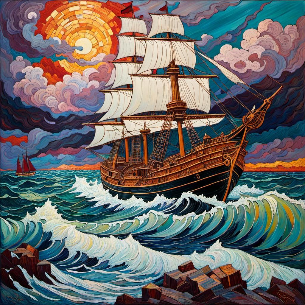 Ship on Stormy Sea in Encaustic Impasto Style