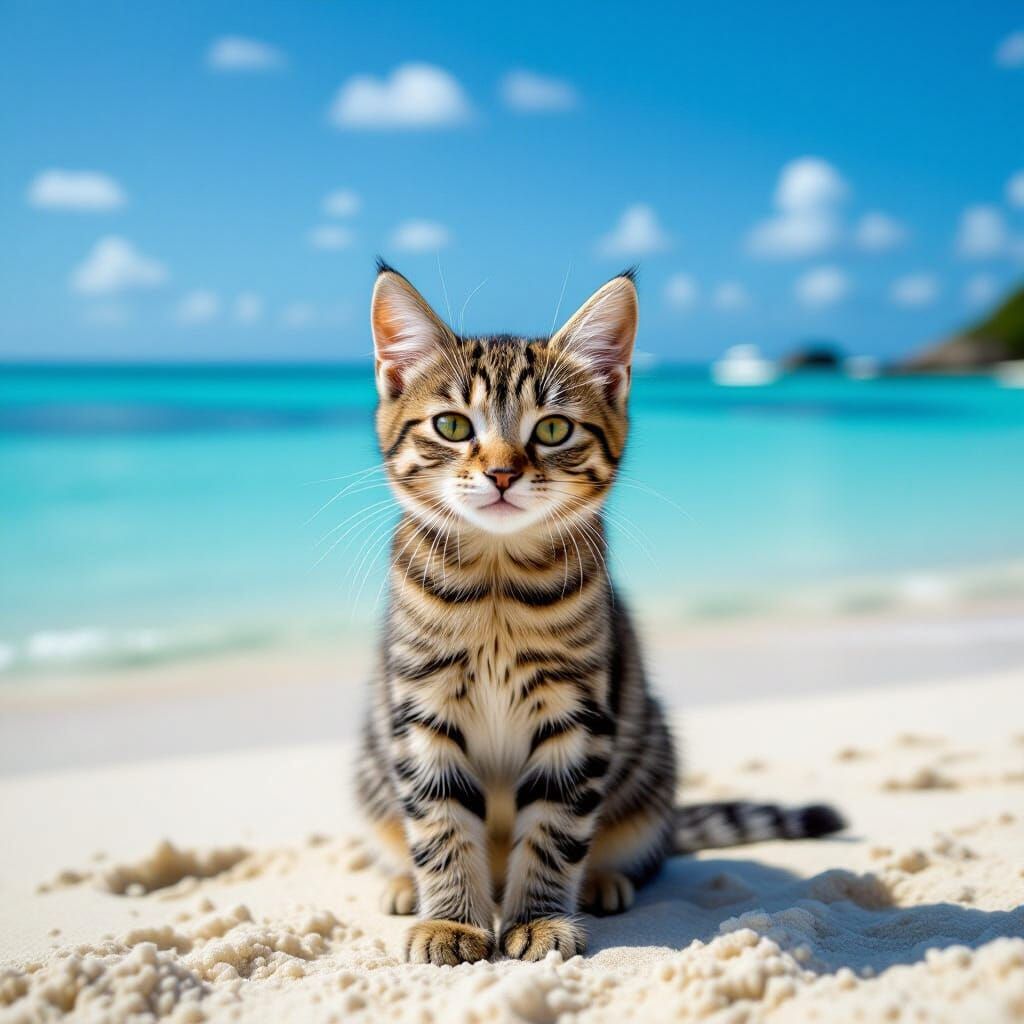 Cute Cat Relaxing on a Sunny Beach