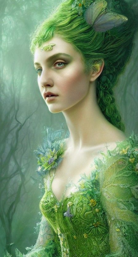 Ethereal Fairy in Green Dress: Hyperdetailed Painting