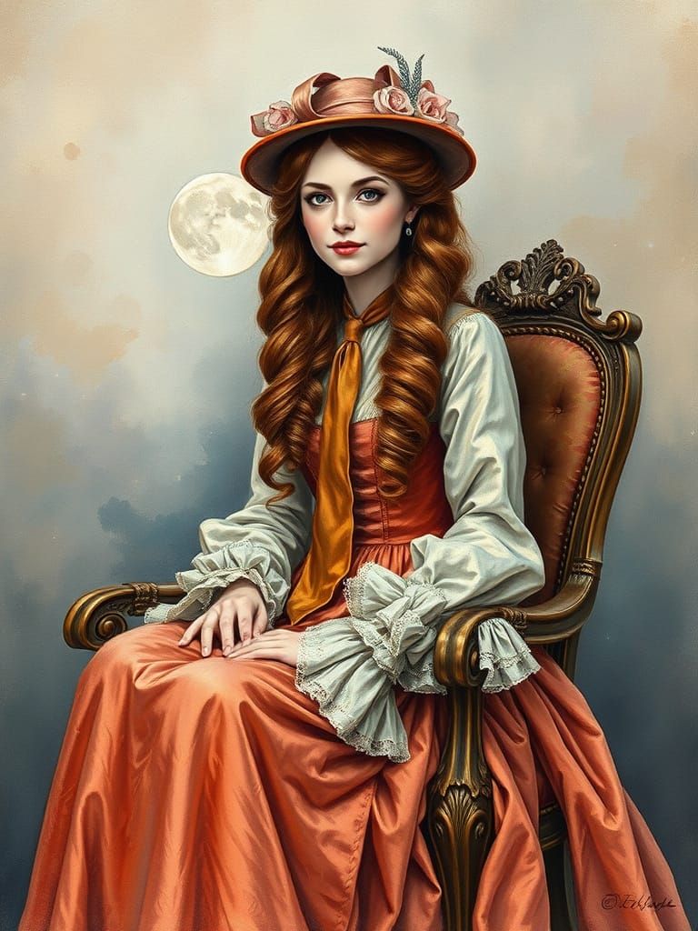 19th Century Lady Portrait in Watercolor and Ink