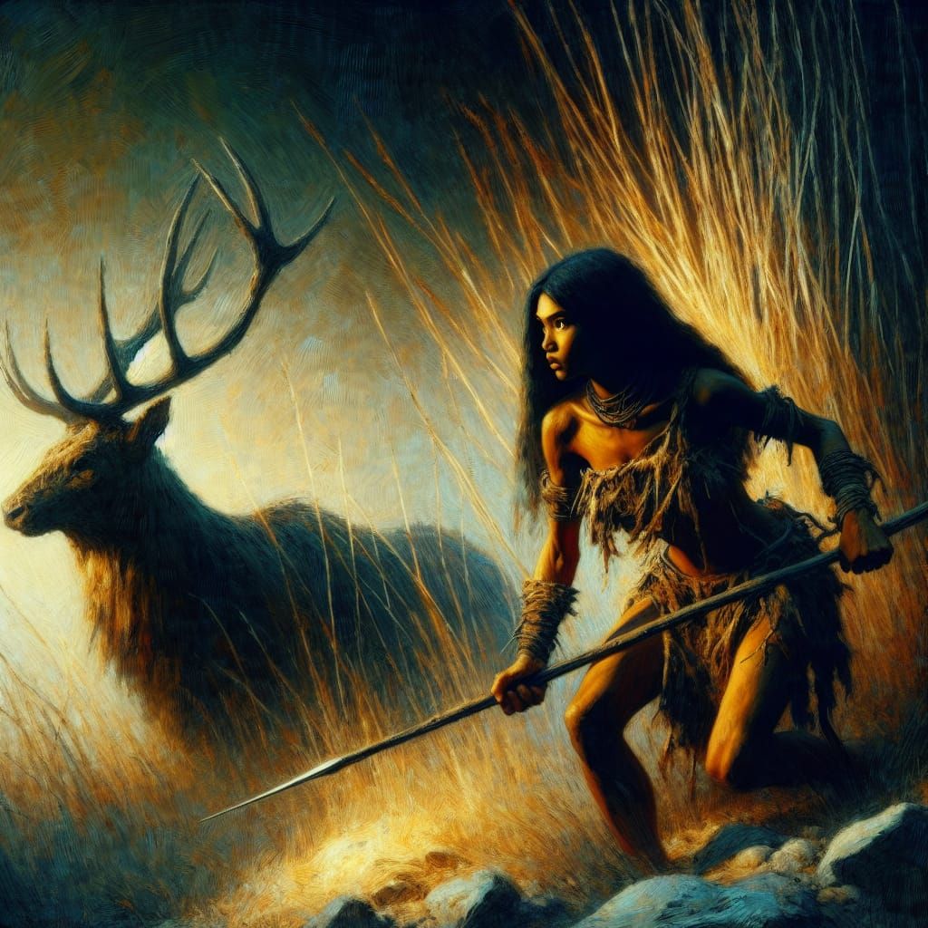 Ancient Hunteress Readies for Prehistoric Ambush