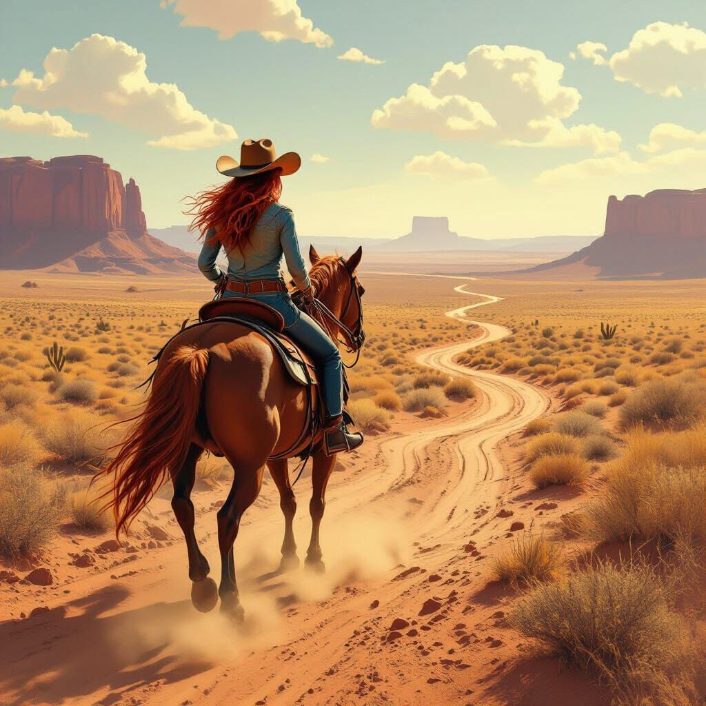 Cowgirl Rides Into Sunset: Digital Art Style