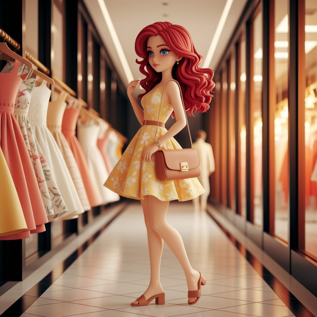 Woman Shopping for Dresses in 3D Anime Style