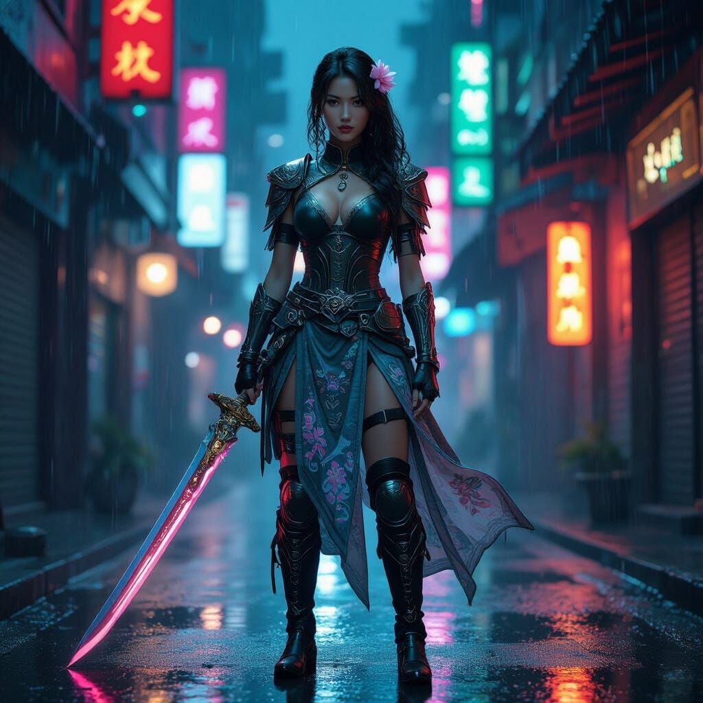 Asian Warrior in Neon Cyberpunk City Alley