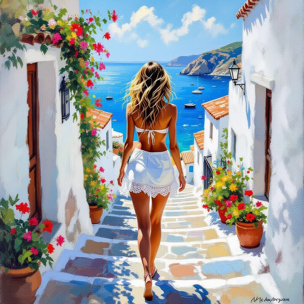 Woman in Lace Bikini on Mediterranean Street, Impressionist ...