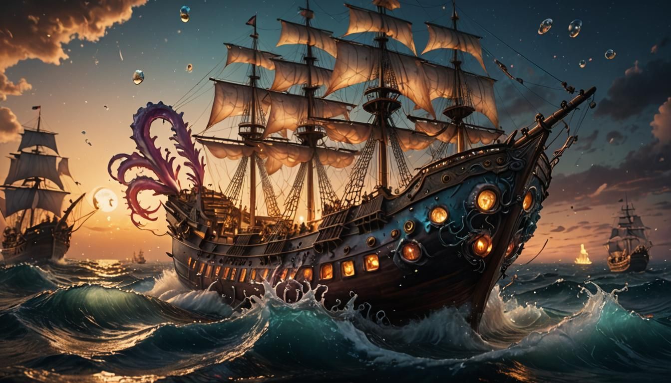 Glass Squid Attacks Galleon in Twilight Sea