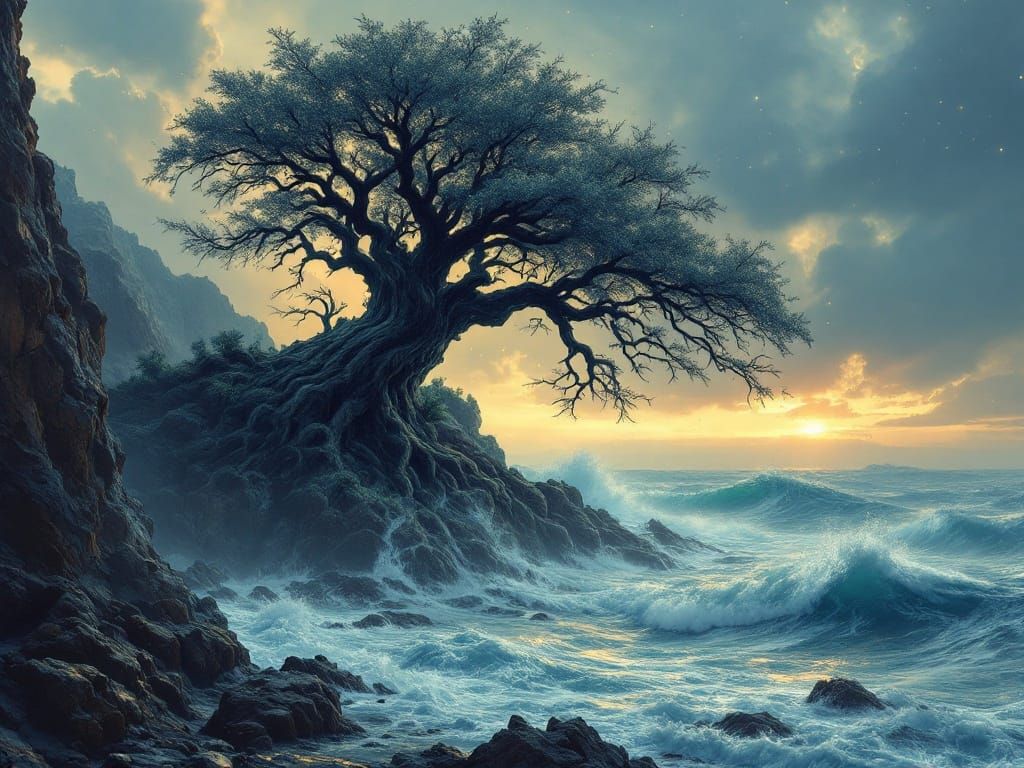 Primeval Tree Rises from Turbulent Sea in Sunset Hues