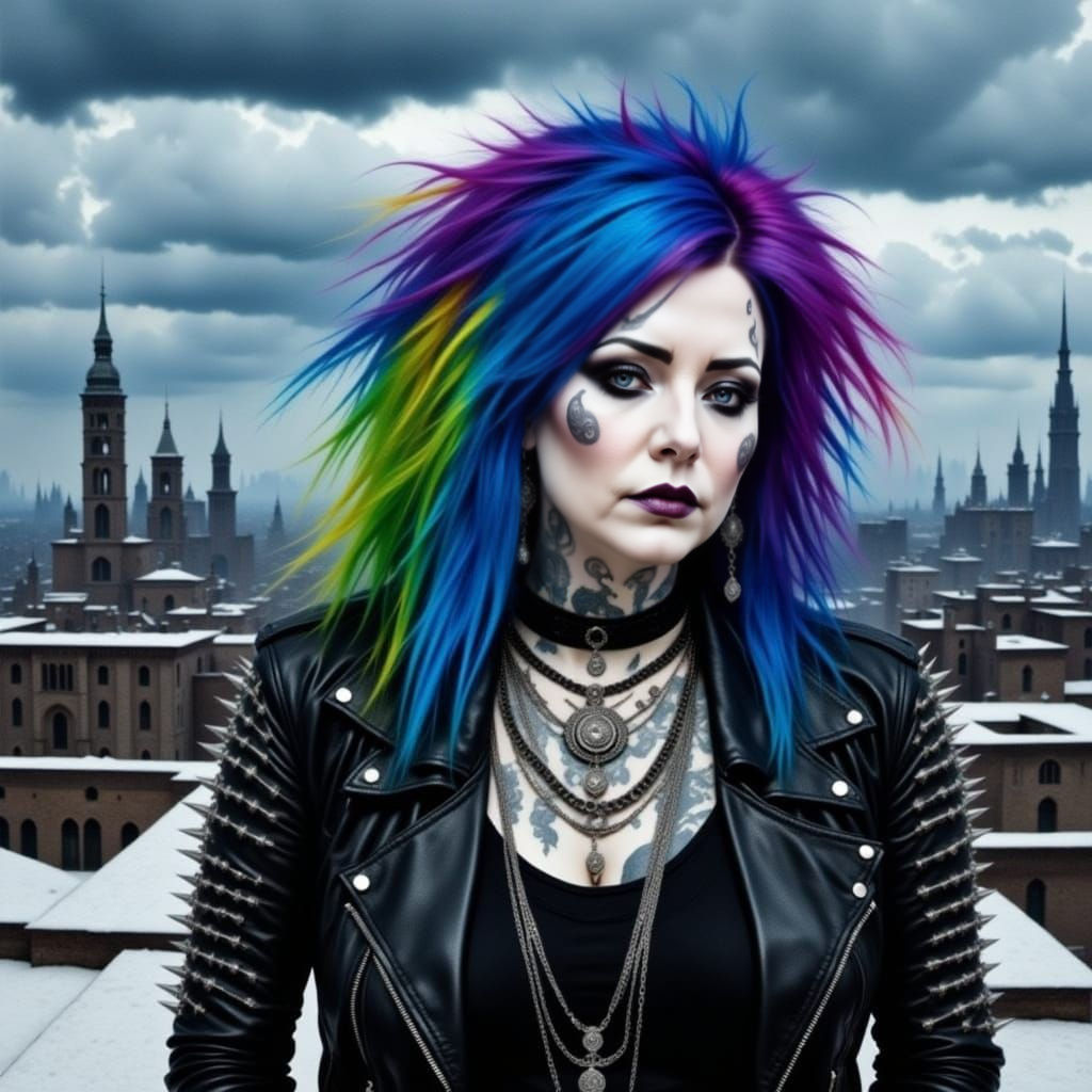 Watercolor Metalhead Woman with Spiked Jewelry