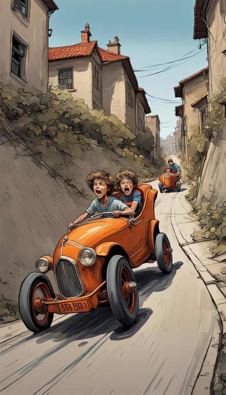 Boys' Soapbox Race: David Bromley-Style Illustration