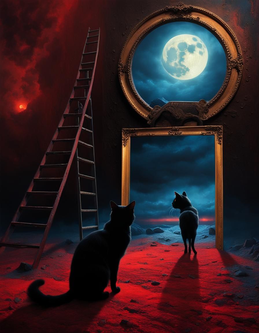 Mystical Cat Under Ladder in Beksiński Style