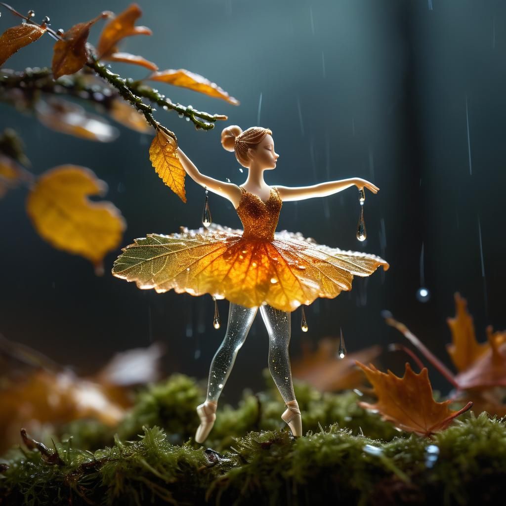 Autumn Leaf Ballerina with Raindrops and Amber Sparks
