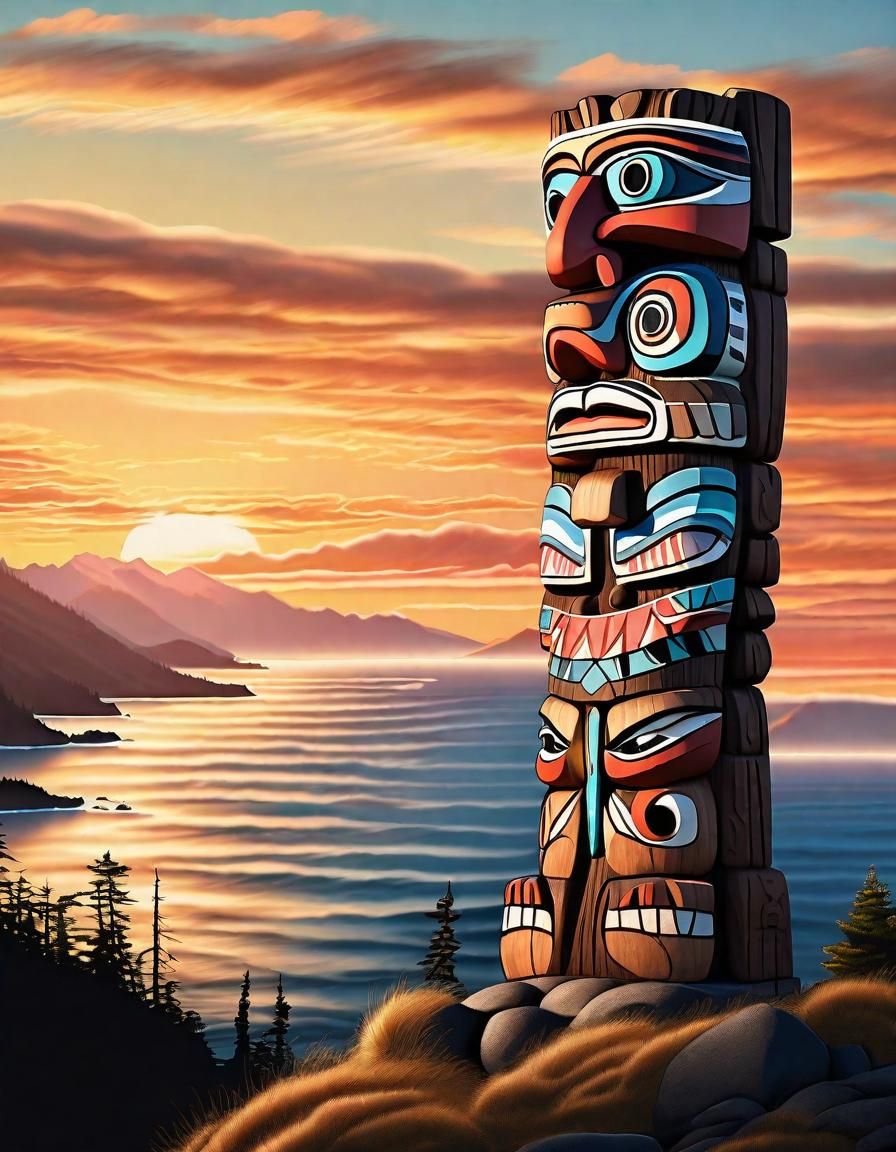 Pacific Northwest Totem Pole at Sunset