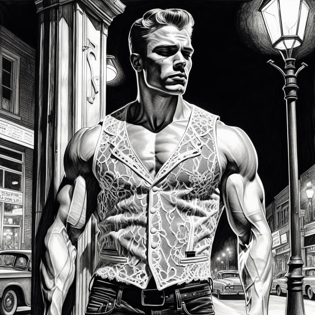 1950s Muscled Man in Pen and Ink Sketch