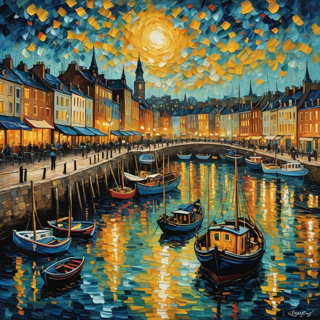 Vibrant Quayside at Night: An Impasto Oil Painting