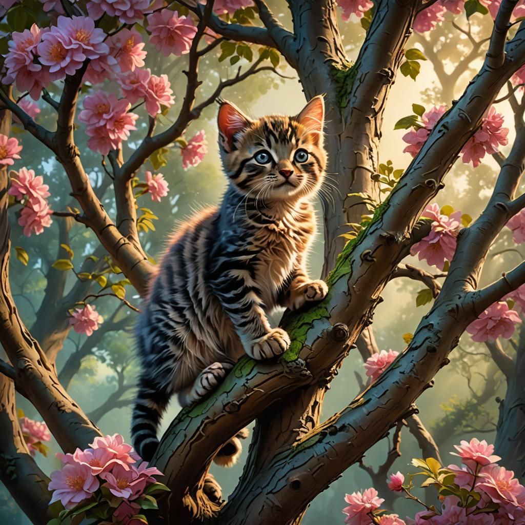 Kitten's Climb: A Detailed Digital Airbrush Painting