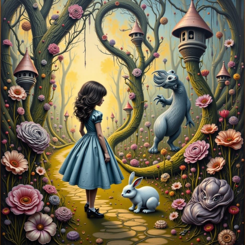 Alice Follows Glowing Rabbit in Surreal Garden