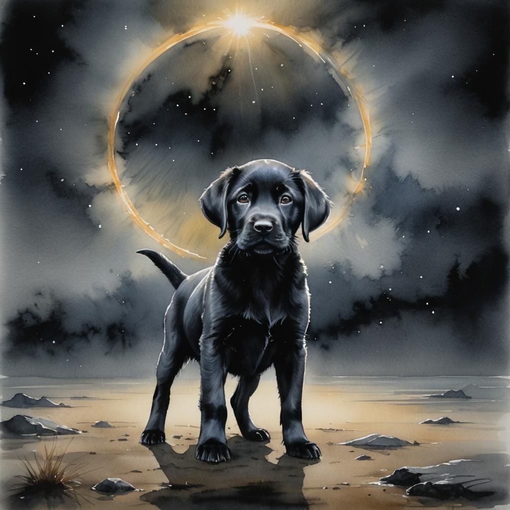 Black Labrador Puppy in a Watercolor Halo Landscape