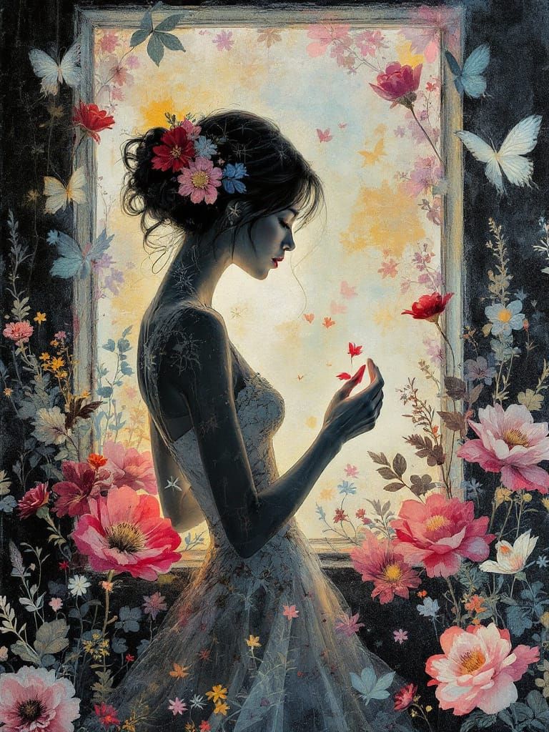 Floral X-Ray Collage of Figure by Window