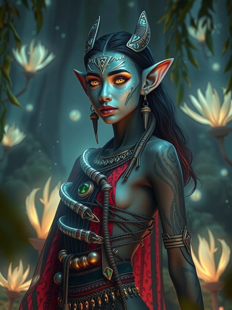 A Navi woman with iridescent, glimmering blue skin, adorned in intricately woven, organic attire crafted from natural fi...