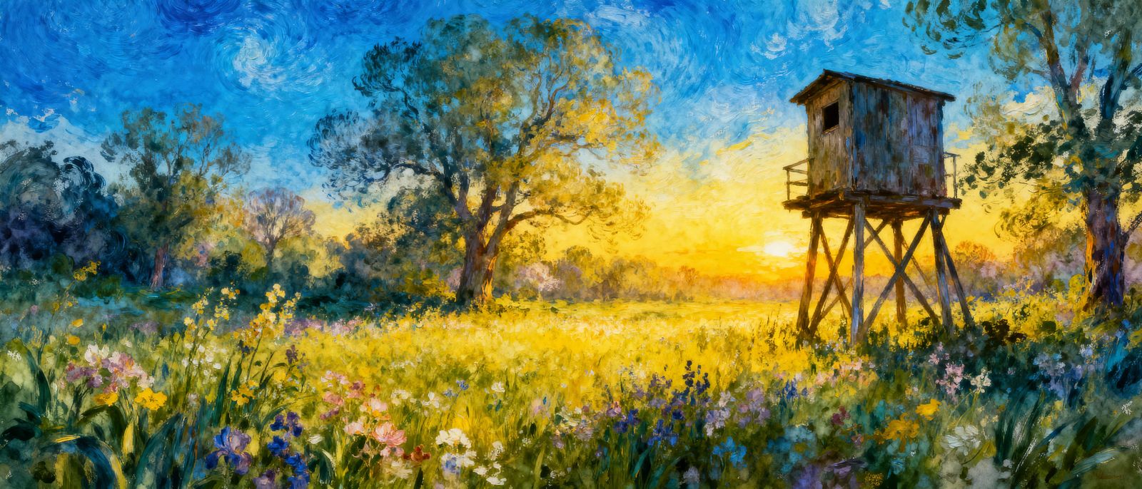 Magical Spring Landscape with Cabin at Sunset in Monet Style