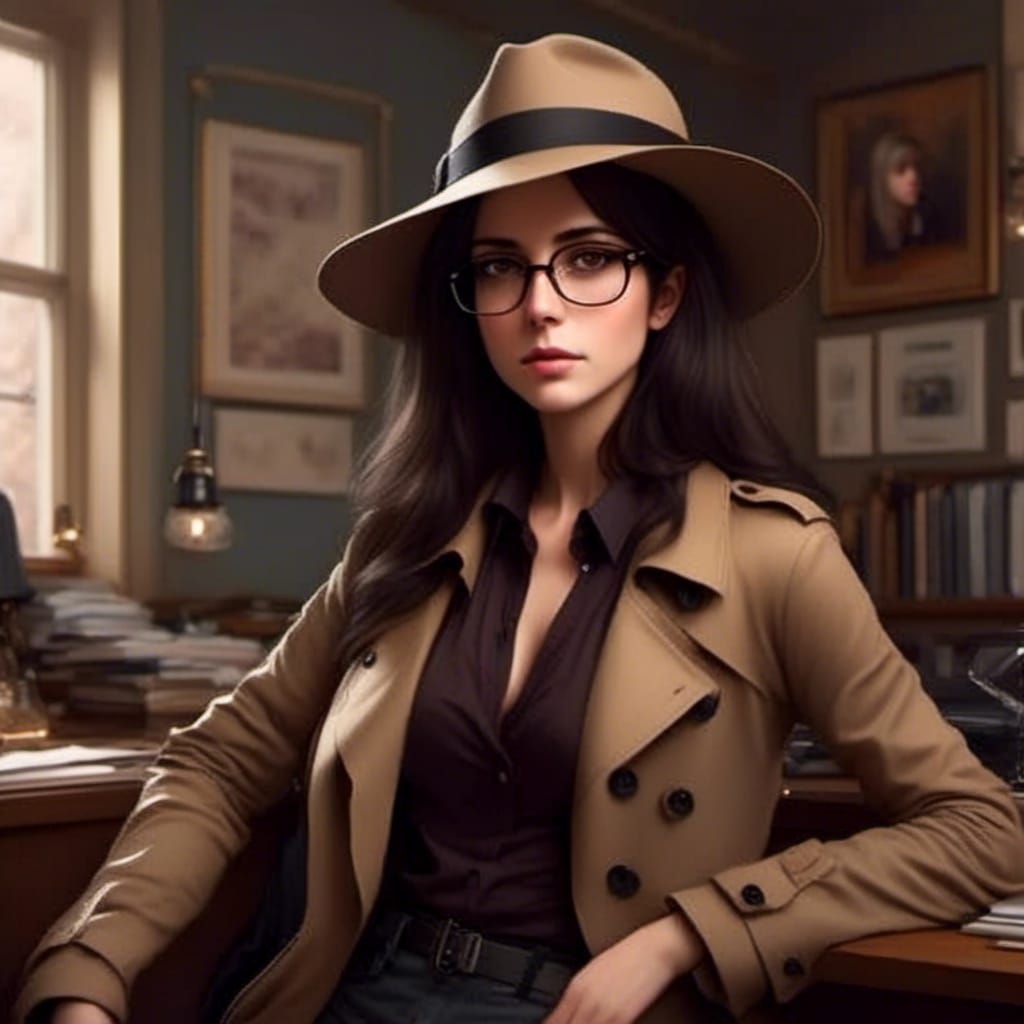 Beautiful Detective in Office, Hyperrealistic Concept Art
